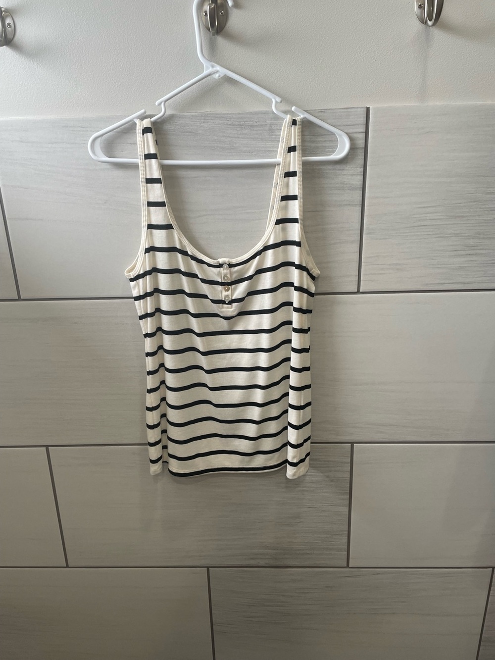 H&M Cream and Black Striped Scoop Tank with Button Detail